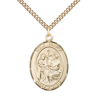 Holy Family Engravable Small 14kt Gold Medal with 14kt Gold Chain, Measures 1" tall x 3/4" wide, Bliss Manufacturing