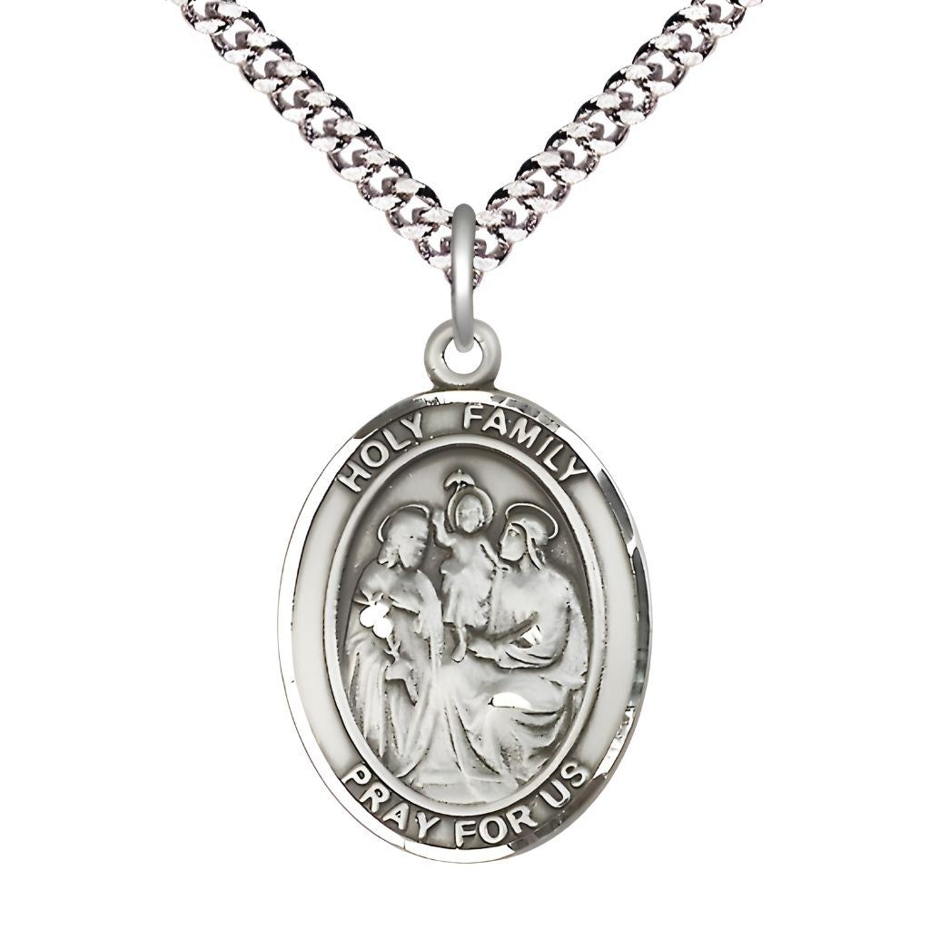 Bliss Holy Family Engravable Pewter Medal with Plated  Chain, Measures 1" tall x 3/4" wide