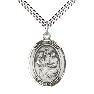Holy Family Engravable Pewter Medal with Plated Chain, Measures 1" tall x 3/4" wide, Bliss Manufacturing