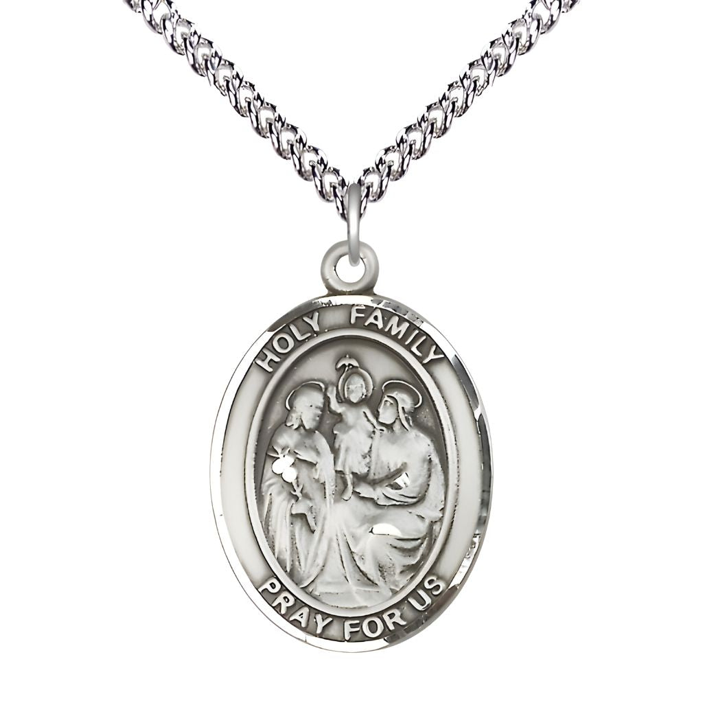 Bliss Holy Family Engravable Sterling Silver Medal with Sterling Silver Chain, Measures 1" tall x 3/4" wide