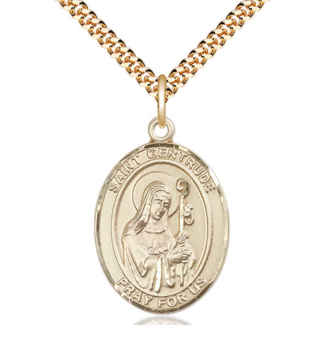 Bliss St Gertrude of Nivelles Gold Filled Large Oval Medal Necklace With Plated Chain,