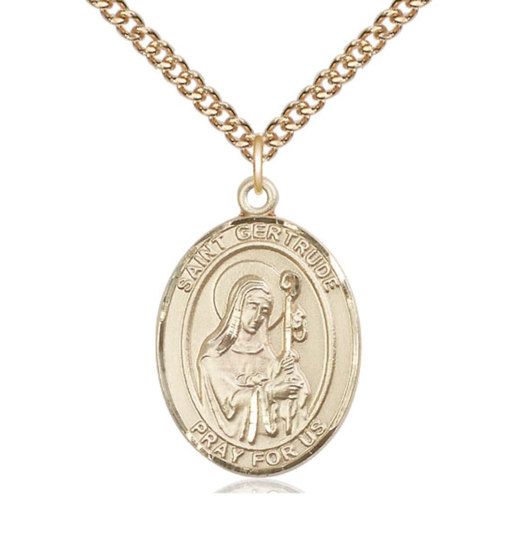 Bliss St Gertrude of Nivelles Gold Filled Oval Large Medal Necklace With Gold-filled Chain,