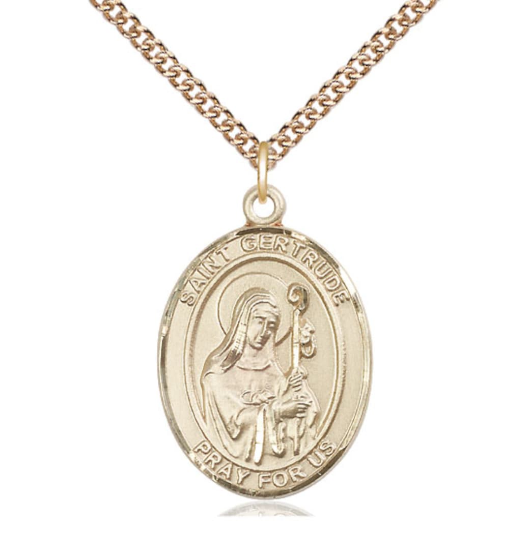 Bliss Manufacturing Large St Gertrude of Nivelles 14kt Gold Oval Medal with 14kt Chain,