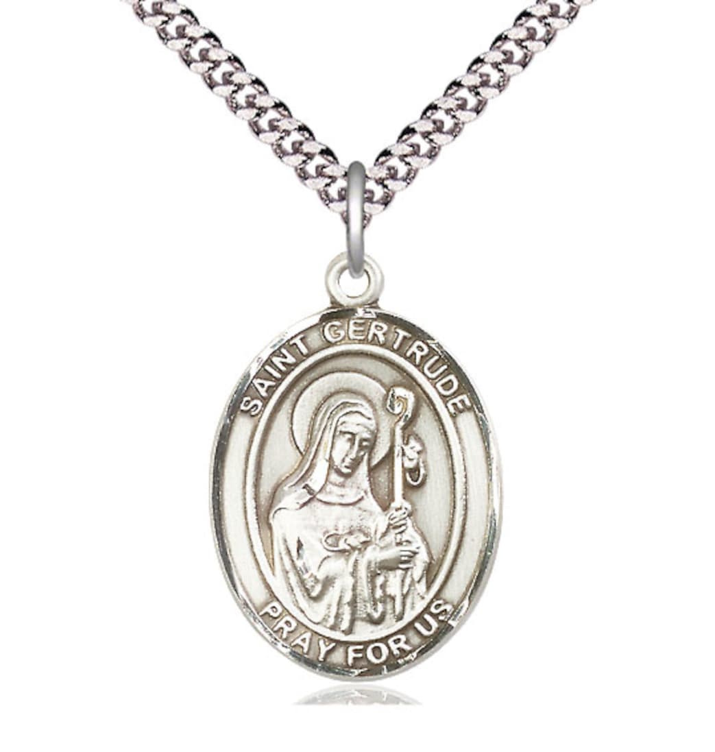 Bliss St Gertrude of Nivelles Large Pewter Oval Medal Necklace with Chain,