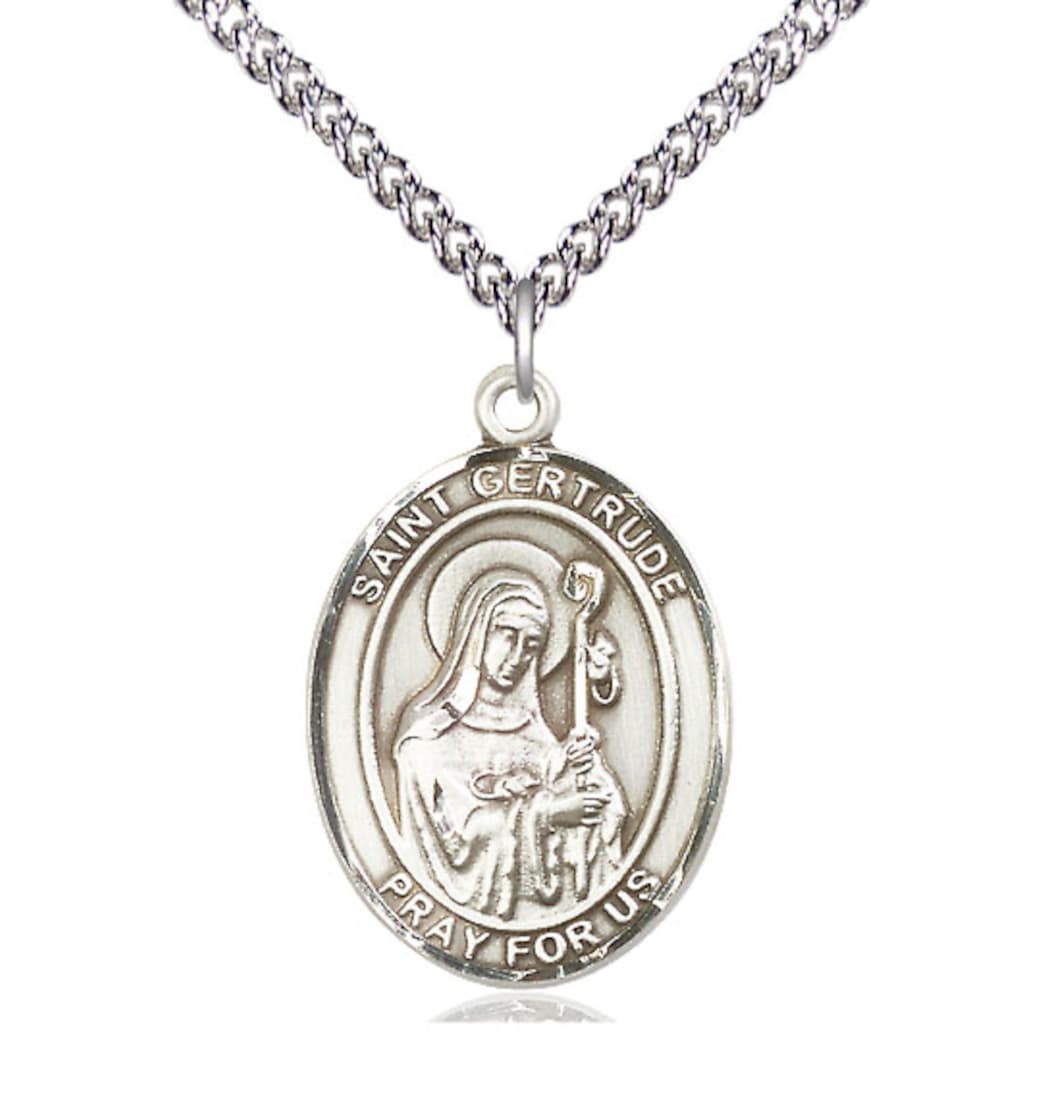 Bliss Large St Gertrude of Nivelles Sterling Silver Oval Medal Necklace with Sterling Silver Chain,