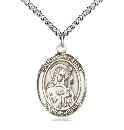 Large St Gertrude of Nivelles Sterling Silver Oval Medal Necklace with Sterling Silver Chain, Bliss Manufacturing