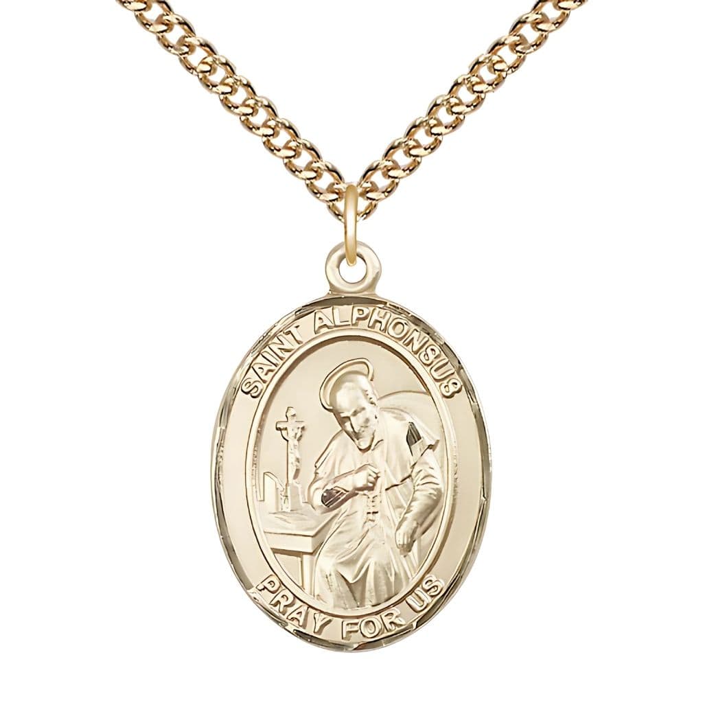 Bliss St. Alphonsus Maria de Liguori 14kt  Gold-filled Oval Medal with Gold-filled Curb Chain, Measures 1" tall x 3/4" wide