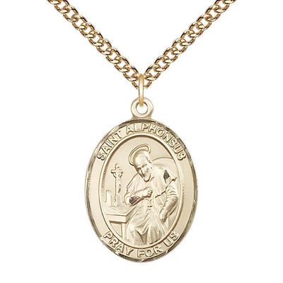 St. Alphonsus Maria de Liguori 14kt Gold-filled Oval Medal with Gold-filled Curb Chain, Measures 1" tall x 3/4" wide, Bliss Manufacturing