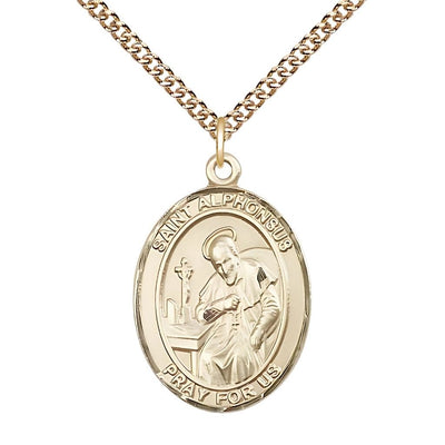 St. Alphonsus Maria de Liguori 14kt Gold Oval Medal with 14kt Gold Curb Chain, Measures 1" tall x 3/4" wide, Bliss Manufacturing