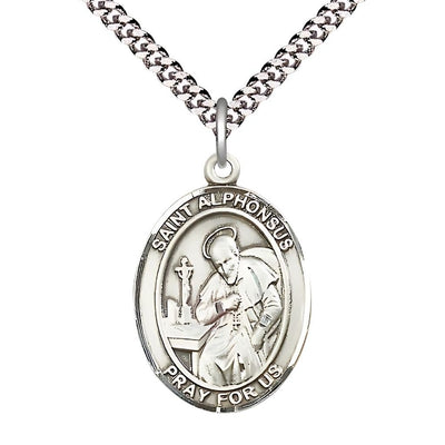 St. Alphonsus Maria de Liguori Sterling Silver Oval Medal with Plated Curb Chain, Measures 1" tall x 3/4" wide, Bliss Manufacturing