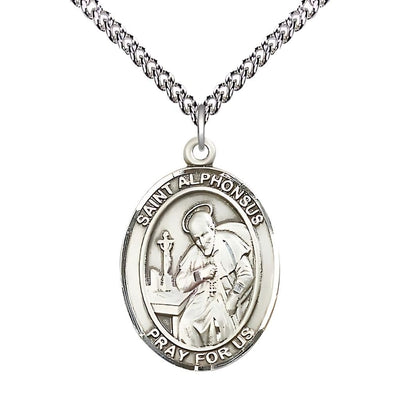 St. Alphonsus Maria de Liguori Sterling Silver Oval Medal with Sterling Silver Curb Chain, Measures 1" tall x 3/4" wide, Bliss Manufacturing