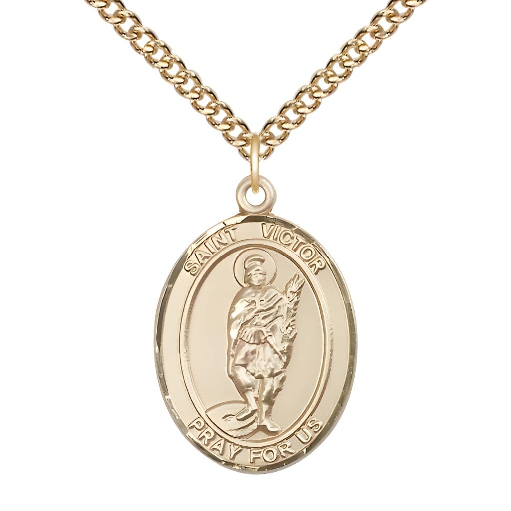 Bliss St. Victor of Marseilles 14kt Gold-filled Oval Medal Pendant with Gold-filled Chain, Measures 1-inch tall by 3/4-inch wide.