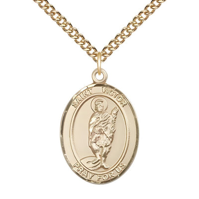 St. Victor of Marseilles 14kt Gold Oval Medal Pendant with 14kt Gold Chain, Measures 1-inch tall by 3/4-inch wide, Bliss Manufacturing