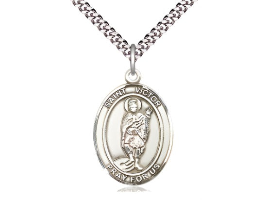 Bliss Pewter St Victor of Marseilles Pendant on a 24 inch Light Rhodium-plated Heavy Curb Chain,