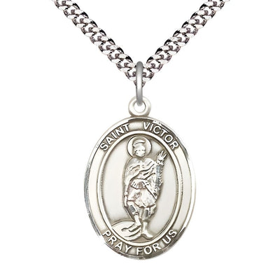 St. Victor of Marseilles Sterling Silver Oval Medal Pendant with Rhodium-plated Chain, Measures 1-inch tall by 3/4-inch wide, Bliss Manufacturing