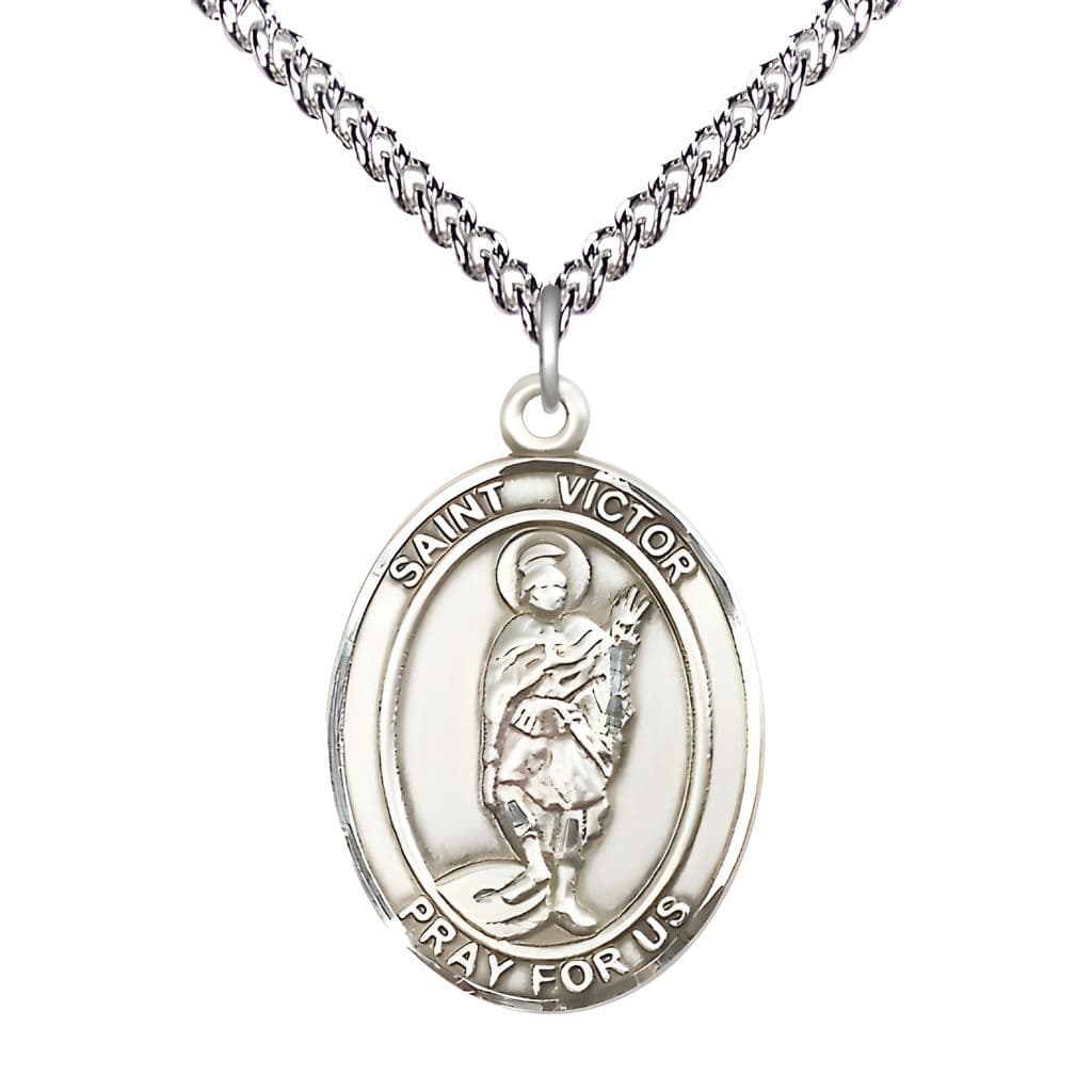Bliss St. Victor of Marseilles Sterling Silver Oval Medal Pendant with Sterling Chain, Measures 1-inch tall by 3/4-inch wide.