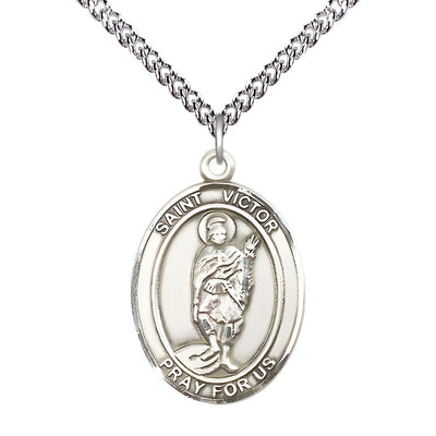 St. Victor of Marseilles Sterling Silver Oval Medal Pendant with Sterling Chain, Measures 1-inch tall by 3/4-inch wide, Bliss Manufacturing