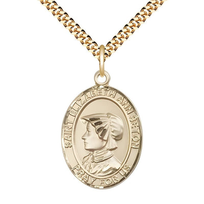 St. Elizabeth Ann Seton 14kt Gold-filled Oval Medal Pendant with Gold-plated Chain, Measures 1-inch tall by 3/4-inch wide, Bliss Manufacturing