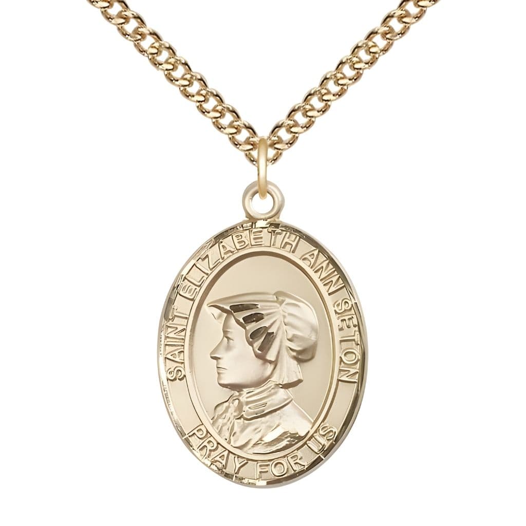 Bliss St. Elizabeth Ann Seton 14kt Gold Oval Medal Pendant with 14kt Gold Chain, Measures 1-inch tall by 3/4-inch wide.