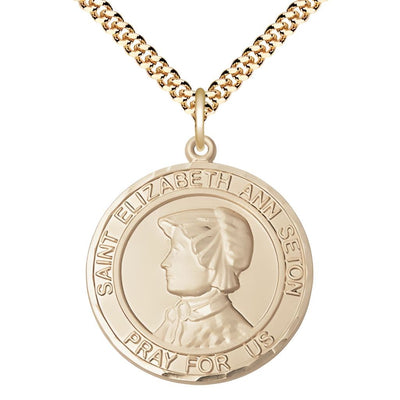 St. Elizabeth Ann Seton 14kt Gold-filled Round Medal Pendant with Gold-plated Chain, Measures 1-inch tall by 7/8-inch wide, Bliss Manufacturing