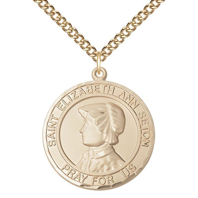 St. Elizabeth Ann Seton 14kt Gold Round Medal Pendant with 14kt Gold Chain, Measures 1-inch tall by 7/8-inch wide, Bliss Manufacturing