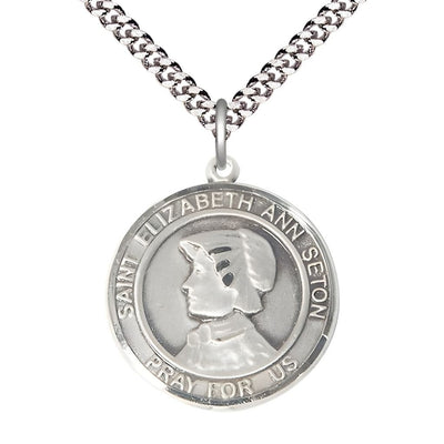 St. Elizabeth Ann Seton Sterling Silver Round Medal Pendant with Rhodium-plated Chain, Measures 1-inch tall by 7/8-inch wide, Bliss Manufacturing