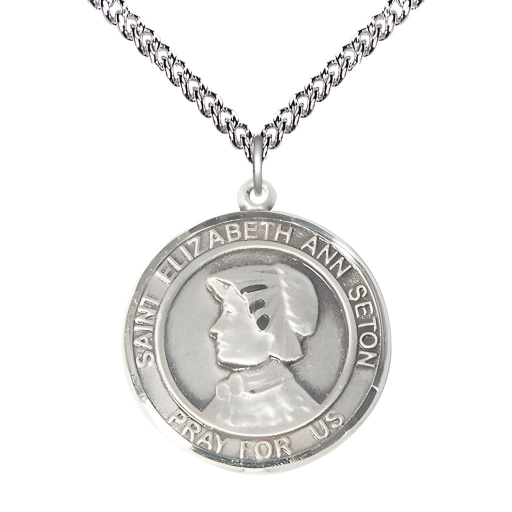 Bliss St. Elizabeth Ann Seton Sterling Silver Round Medal Pendant with Sterling Chain, Measures 1-inch tall by 7/8-inch wide.