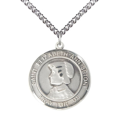 St. Elizabeth Ann Seton Sterling Silver Round Medal Pendant with Sterling Chain, Measures 1-inch tall by 7/8-inch wide, Bliss Manufacturing
