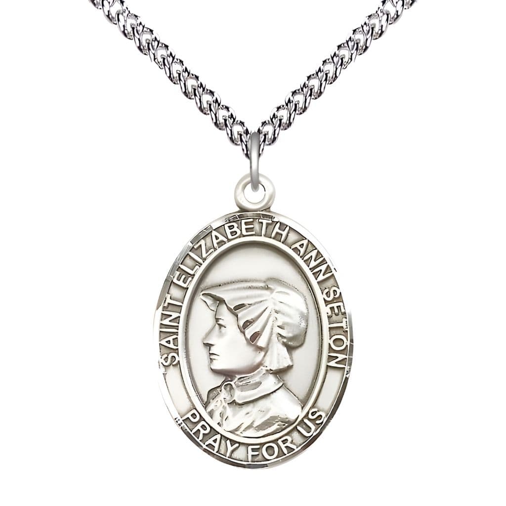 Bliss St. Elizabeth Ann Seton Sterling Silver Oval Medal Pendant with Sterling Chain, Measures 1-inch tall by 3/4-inch wide.
