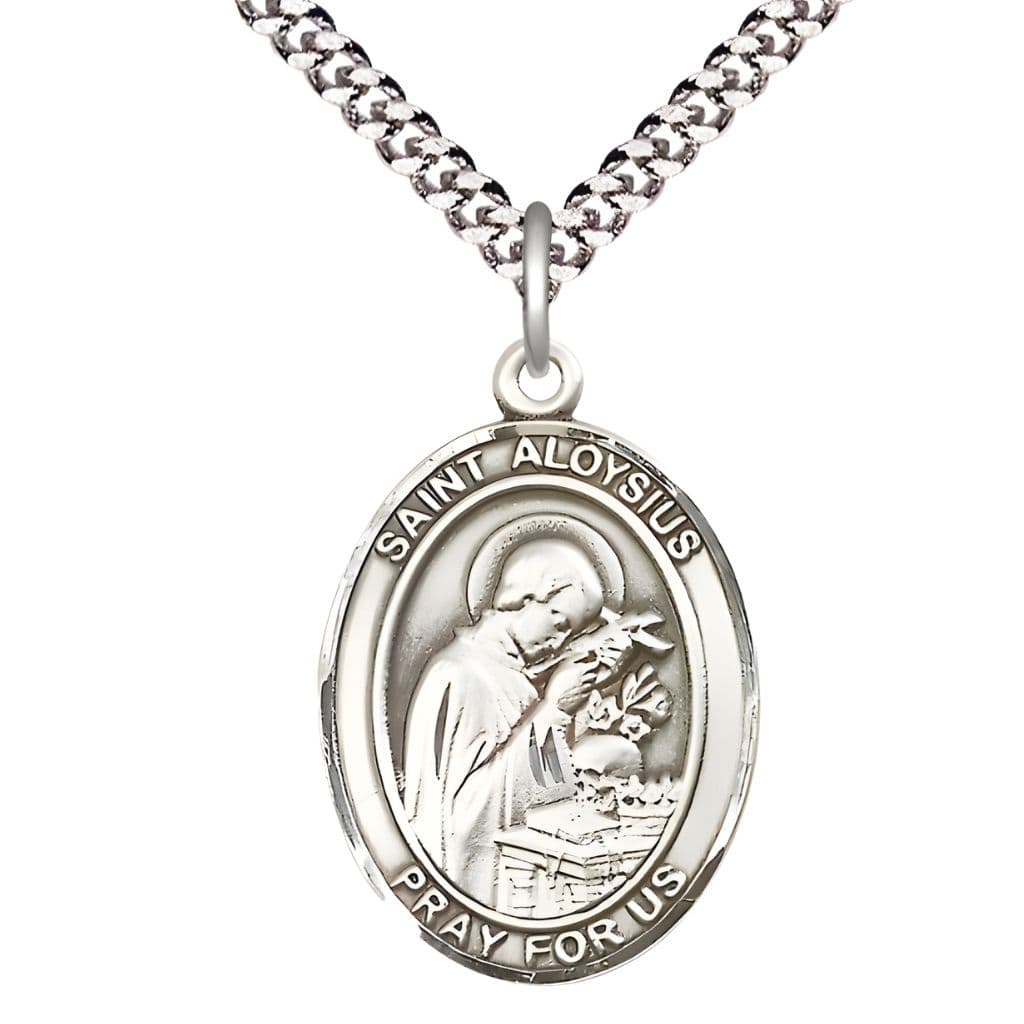 Large Saint Aloysius Gonzaga Pewter Oval Medal Pendant with 24" Rhodium-plated Curb Chain with Deluxe Gift Box | Bliss Manufacturing