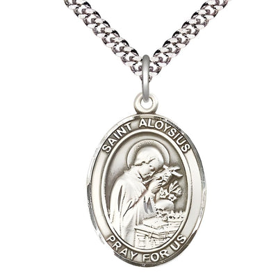 Large Saint Aloysius Gonzaga Pewter Oval Medal Pendant with 24" Rhodium-plated Curb Chain with Deluxe Gift Box | Bliss Manufacturing