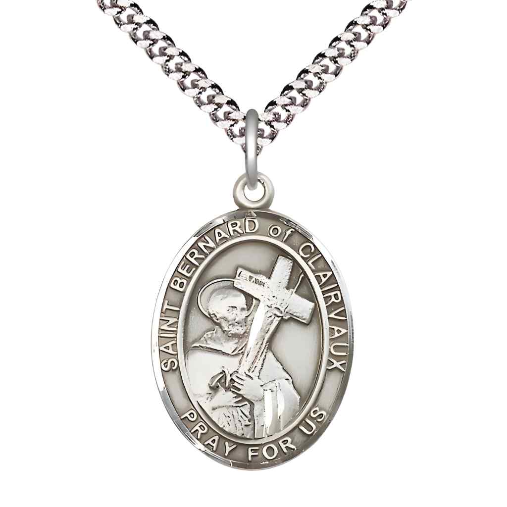 Large Saint Bernard of Clairvaux Pewter Oval Medal Pendant with 24" Rhodium-plated Curb Chain in Deluxe Gift Box | Bliss Manufacturing