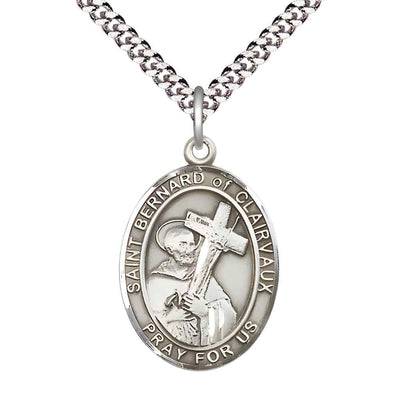 Large Saint Bernard of Clairvaux Pewter Oval Medal Pendant with 24" Rhodium-plated Curb Chain in Deluxe Gift Box | Bliss Manufacturing