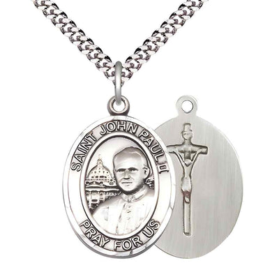 Large Saint John Paul II Pewter Oval Medal Pendant with Rhodium-plated Curb Chain with Deluxe Gift Box | Bliss Manufacturing