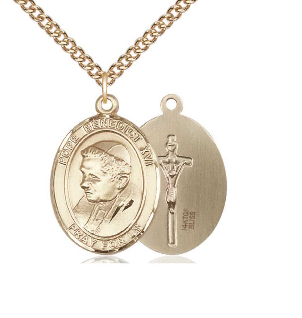 Bliss Pope Benedict XVI Gold-filled Oval Engravable Large Medal Necklace with Gold-filled Chain,