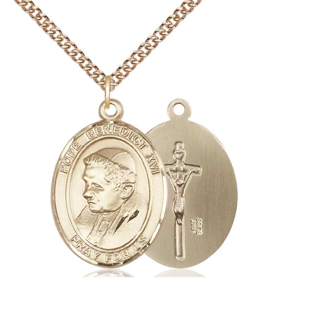 Bliss Pope Benedict XVI 14kt Gold Engravable Oval Large Medal Pendant with 14kt Gold Chain,