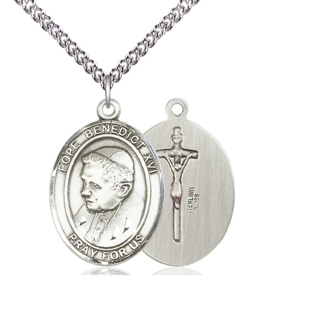 Bliss Pope Benedict XVI Sterling Silver Oval Engravable Large Medal Necklace with Sterling Chain,