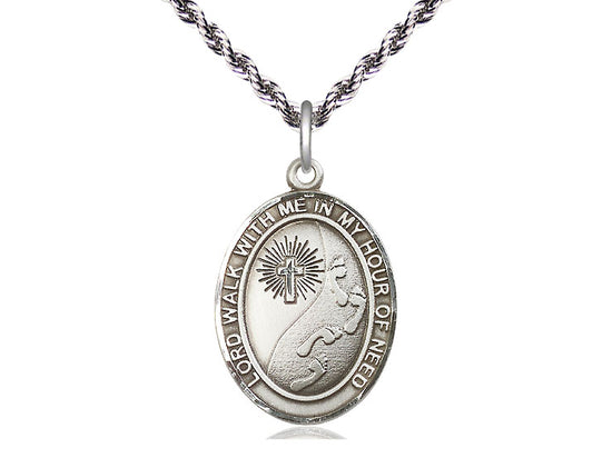 Bliss Footprints in the Sand Catholic Patron Saint Pewter Large Medal with French Rope Chain,