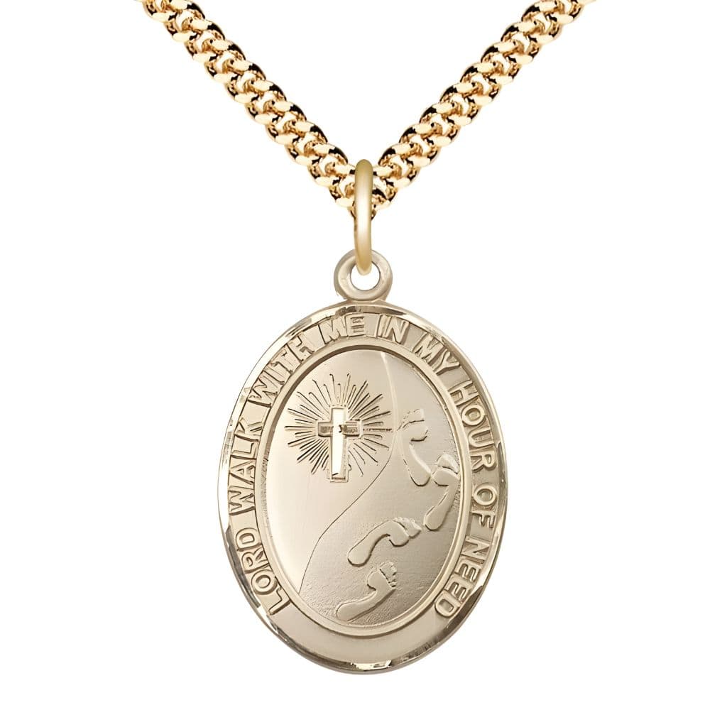Footprints in the Sand 14kt Gold-filled Oval Medal Pendant with Gold-plated Chain, Measures 1-inch tall by 3/4-inch wide, Bliss Manufacturing