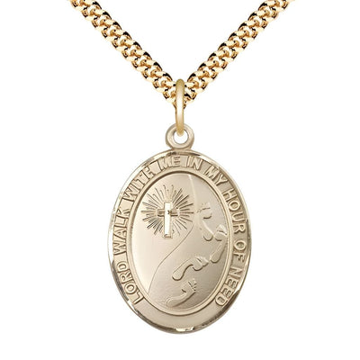 Footprints in the Sand 14kt Gold-filled Oval Medal Pendant with Gold-plated Chain, Measures 1-inch tall by 3/4-inch wide, Bliss Manufacturing