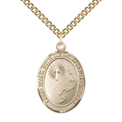 Footprints in the Sand 14kt Gold-filled Oval Medal Pendant with Gold-filled Chain, Measures 1-inch tall by 3/4-inch wide, Bliss Manufacturing