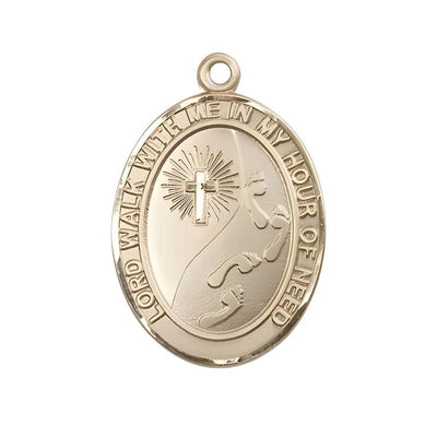 Footprints in the Sand 14kt Gold Oval Medal Pendant, Measures 1-inch tall by 3/4-inch wide, Bliss Manufacturing