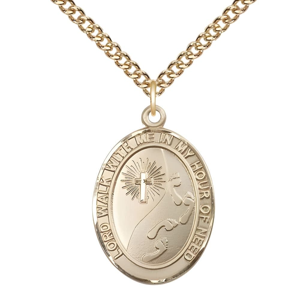 Footprints in the Sand 14kt Gold Oval Medal Pendant with 14kt Gold Chain, Measures 1-inch tall by 3/4-inch wide, Bliss Manufacturing