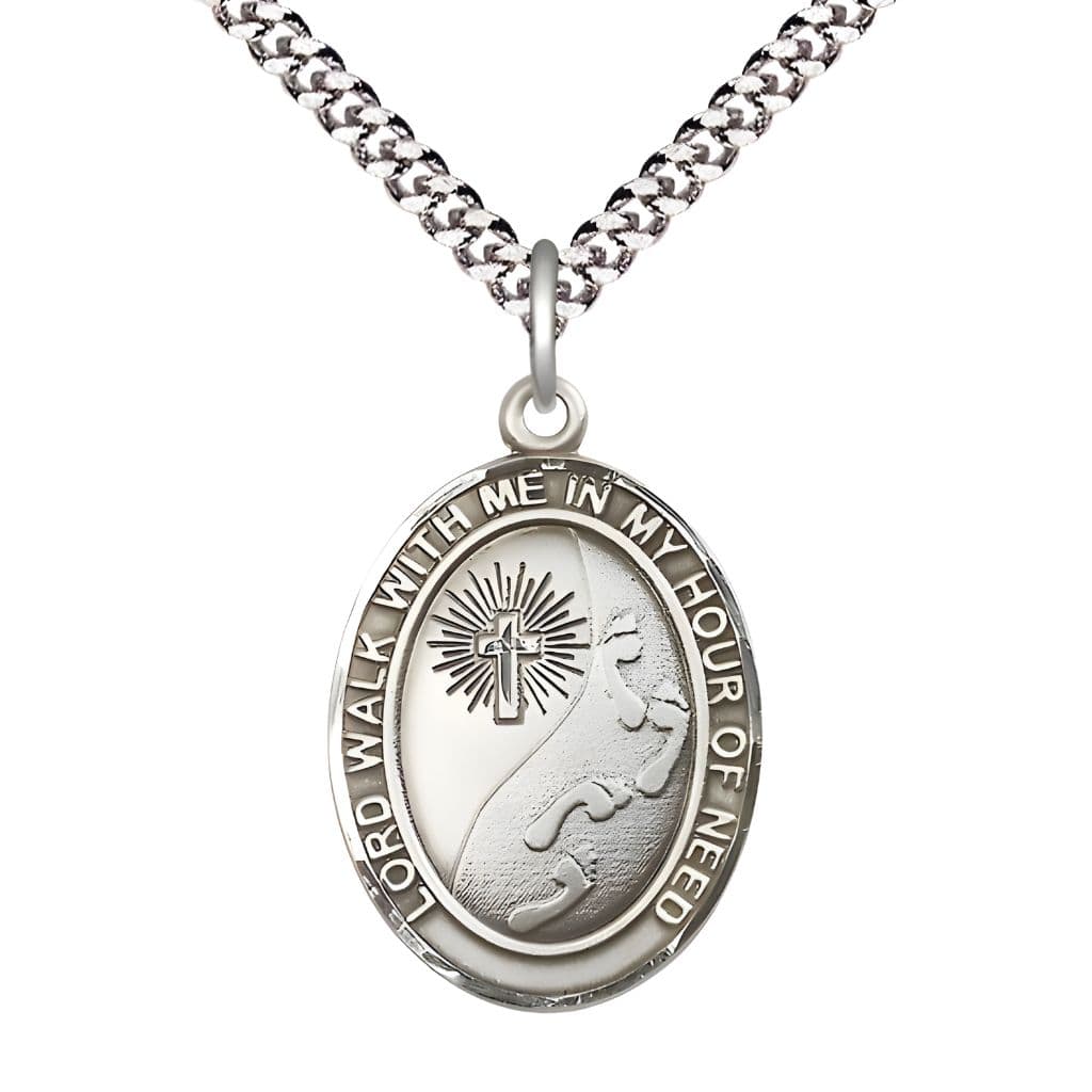 Footprints in the Sand Pewter Oval Medal Pendant with Rhodium-plated Chain, Measures 1-inch tall by 3/4-inch wide, Bliss Manufacturing