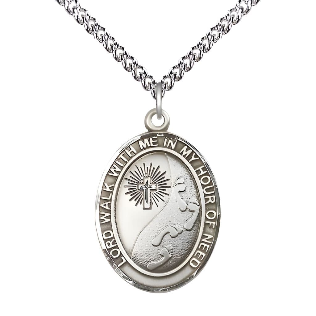 Footprints in the Sand Sterling Silver Oval Medal Pendant with Sterling Silver Chain, Measures 1-inch tall by 3/4-inch wide, Bliss Manufacturing