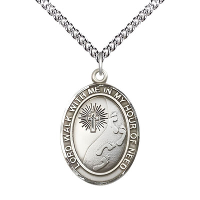 Footprints in the Sand Sterling Silver Oval Medal Pendant with Sterling Silver Chain, Measures 1-inch tall by 3/4-inch wide, Bliss Manufacturing