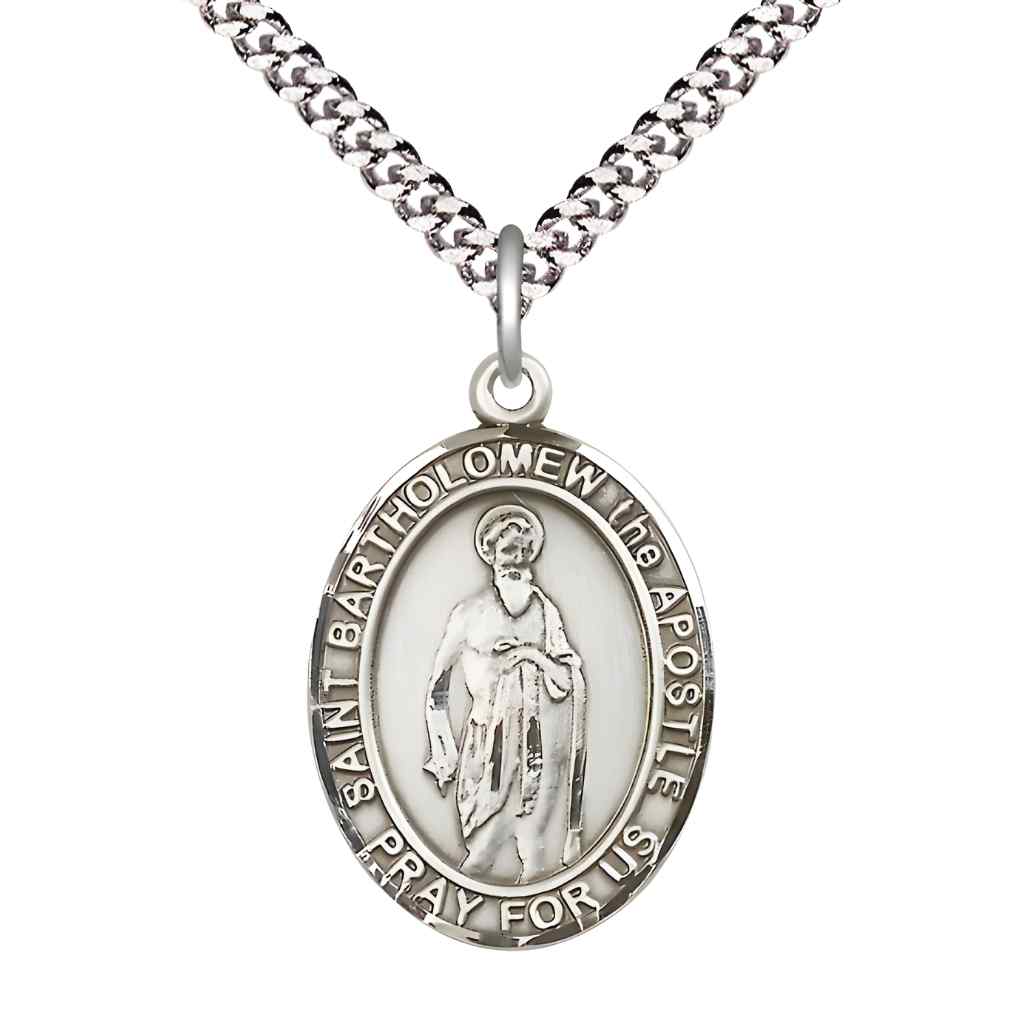 Large Saint Bartholomew the Apostle Pewter Oval Medal Pendant with 24" Rhodium-plated Curb Chain in Deluxe Gift Box | Bliss Manufacturing