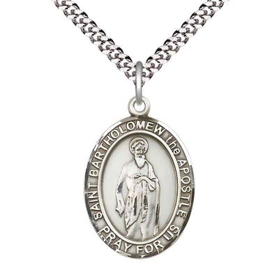 Large Saint Bartholomew the Apostle Pewter Oval Medal Pendant with 24" Rhodium-plated Curb Chain in Deluxe Gift Box | Bliss Manufacturing