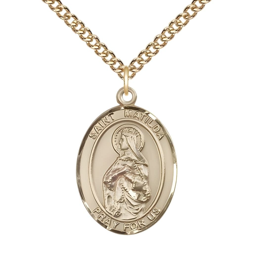 Bliss St. Matilda 14kt Gold-filled Oval Medal Pendant with Gold-filled Chain, Measures 1-inch tall by 3/4-inch wide.