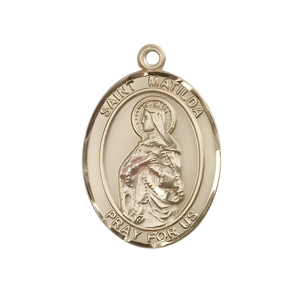 Bliss St. Matilda 14kt Gold Oval Medal Pendant, Measures 1-inch tall by 3/4-inch wide.